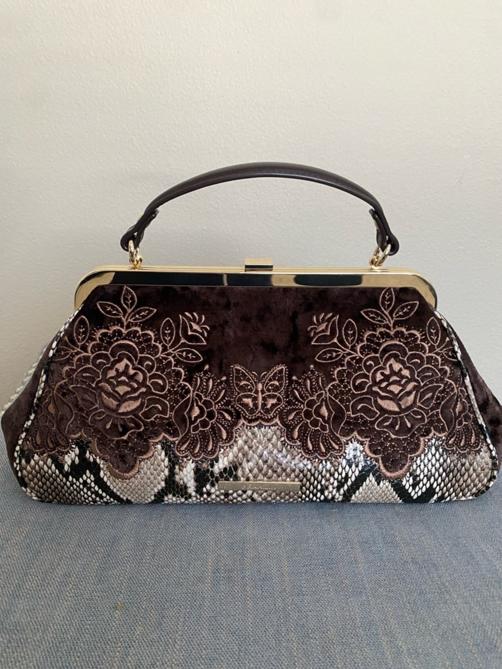 Brahmin Brown Embroidered Velvet & Snake-Print Frame Emmett Nocturnal Balmoral
